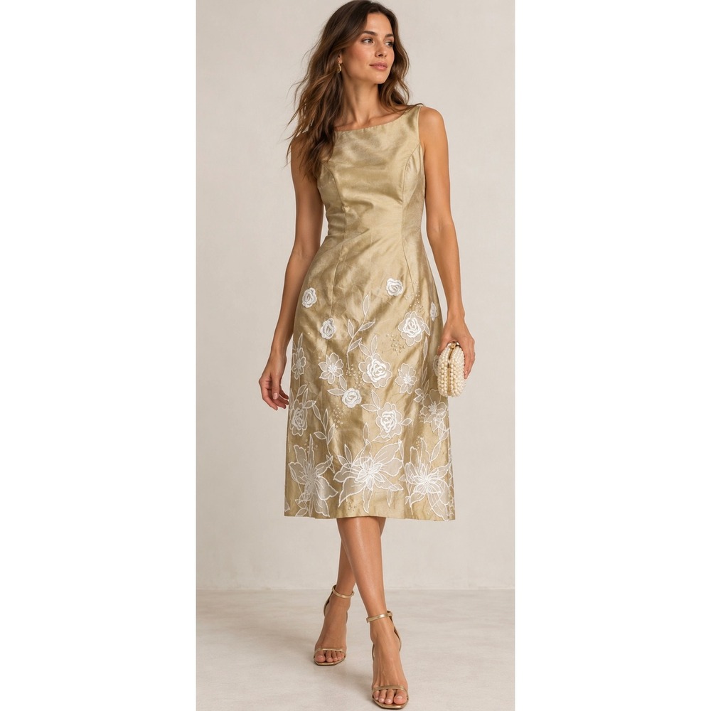 SHANI Gold 100% Silk Floral Embroidered Beaded Sheath Dress Size 6 Cocktail NEW